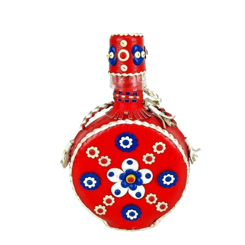 Vintage 70s Folk Art Bohemian Floral Leather Wrapped Glass Canteen & Shot Glass